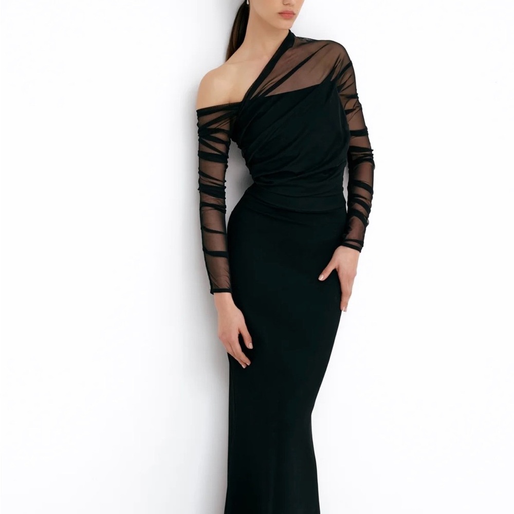 Marcella NYCMonroe Sophisticated Black One-Shoulder Dress with Sheer Sleeves